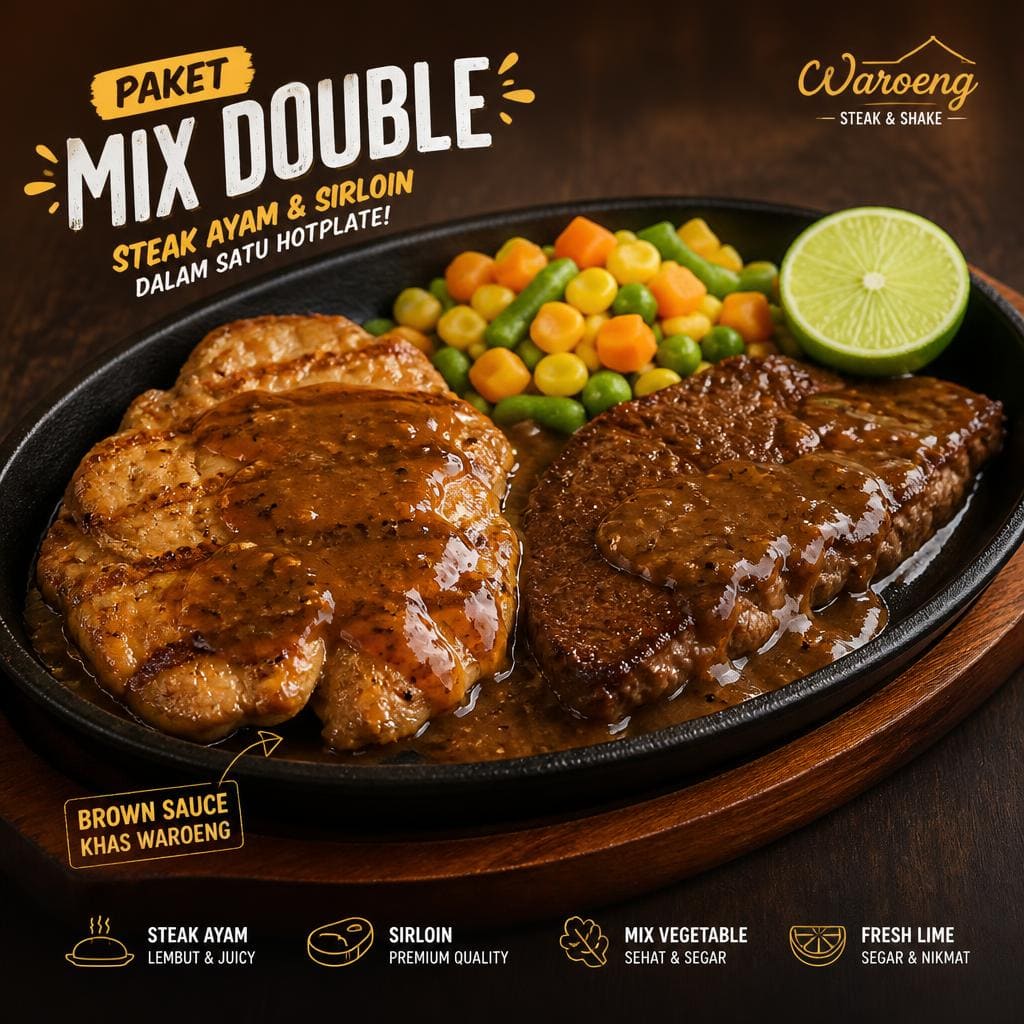 Paket Mix Double dengan steak ayam, sirloin, mix vegetable, brown sauce, dan minuman